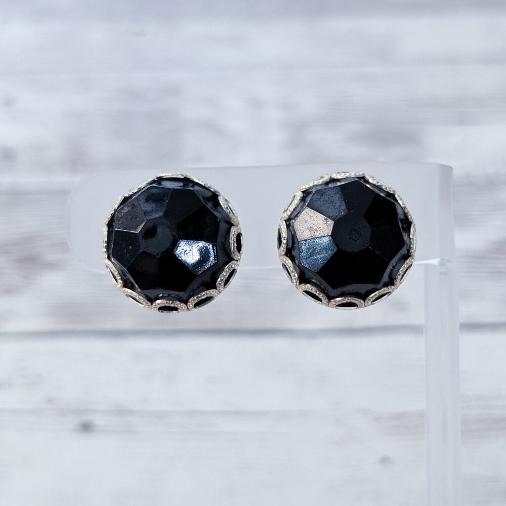Vintage Clip On Earrings Retro Earrings Black Stamped Hong Kong 0.75"